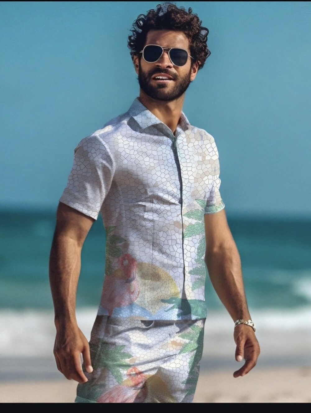 MAVRANS Mosaic Flamingo & Alligator Cabana Set | Shirt & Swim Trunks (Large)